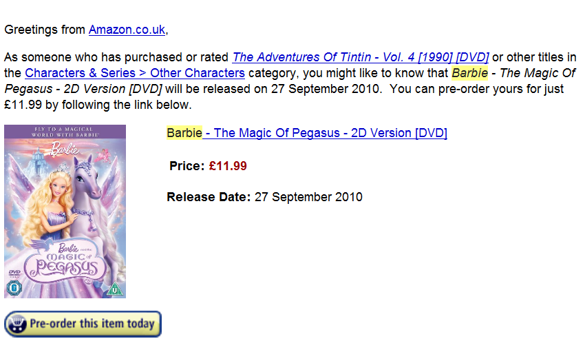 Seriously, what the Hell? How does \'Buying Tintin\' equate to \'Wants Barbie\'!?