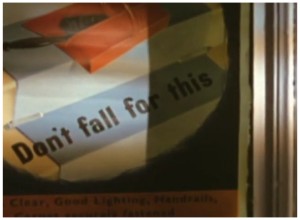 Originally a health & safety poster, the message "Don't fall for this" becomes brilliantly dual-edged in the closing frames of the music video